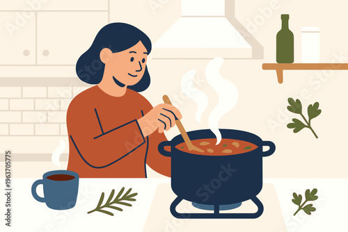 Woman stirring a pot of stew on the stove with a mug of hot drink nearby