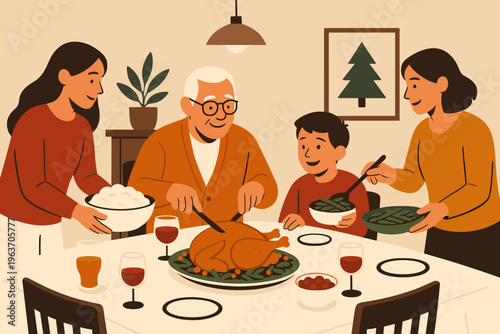Family gathering for a festive holiday dinner with roasted turkey and side dishes