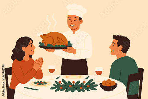 Chef presents a roasted turkey to a couple at a festive holiday dinner table