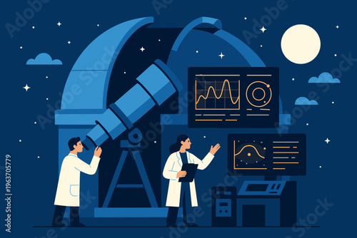 Astronomers observing the night sky with a telescope and analyzing data on screens