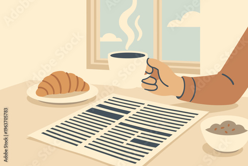 Morning coffee and croissant with newspaper by the window