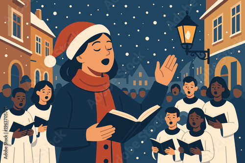 Diverse carol singers perform festive Christmas songs on a snowy street at night