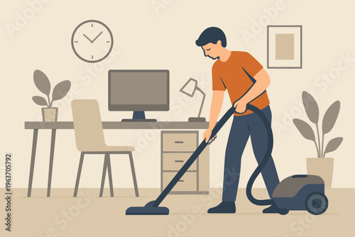 Man vacuuming the floor in a modern home office with plants and a computer