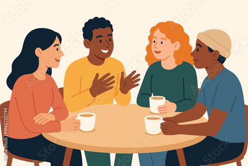 Diverse group of friends enjoying coffee and conversation around a table