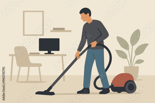 Man vacuuming floor in a modern home office with plants and computer