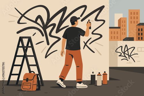 Artist spraying graffiti art on a wall with a ladder and backpack nearby