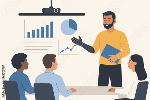 Diverse team collaborates during a presentation with a speaker using a prosthetic arm
