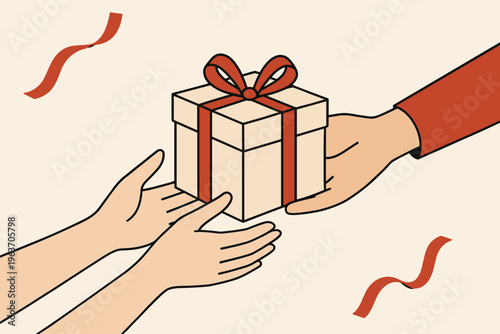 Giving and receiving a beautifully wrapped gift box with red ribbon and streamers