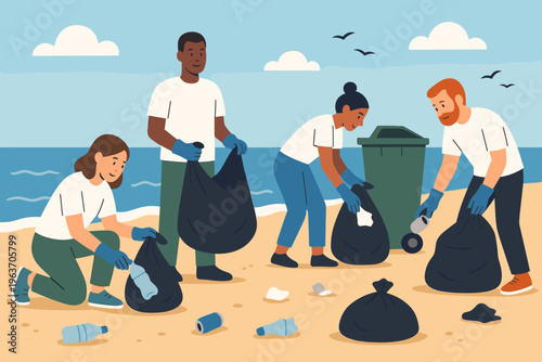 Diverse group of volunteers cleaning up a beach, collecting trash into bags