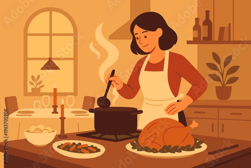 Woman preparing a festive family feast with roasted turkey and side dishes