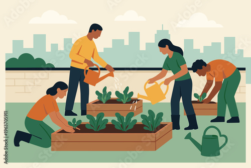 Diverse community members tending to urban rooftop garden beds with city skyline background