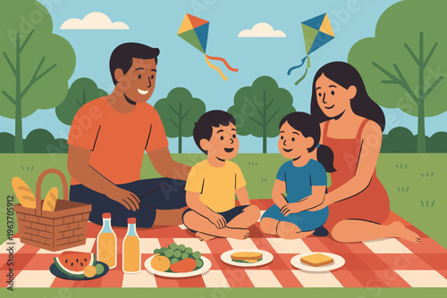 Joyful family enjoys a sunny day picnic with kites flying high above