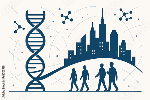 DNA helix and city skyline with people walking, symbolizing future of genetics and urban development