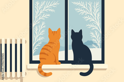 Two cats sit on a windowsill looking out at a frosty winter landscape