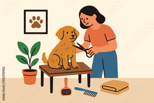 Person carefully grooming a happy golden retriever dog with scissors and comb
