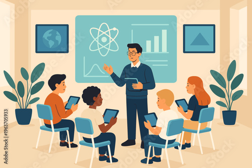Modern classroom with teacher and students using tablets for interactive learning