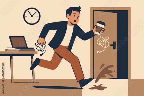 Man in a rush spills coffee and tangles headphones while running late for work