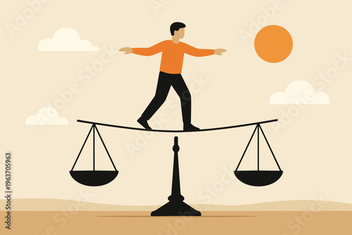 Man walking on tightrope balanced on scales, symbolizing life's challenges