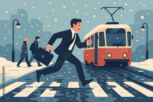 Businessman rushes to catch a tram in a snowy city street during winter