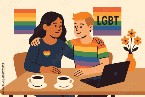 Diverse couple sharing a moment at a cafe with rainbow pride symbols