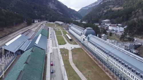 aerial view of the train station of Canfranc in the pyrenees