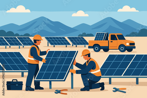 Workers installing solar panels on a sunny day with mountains in the background