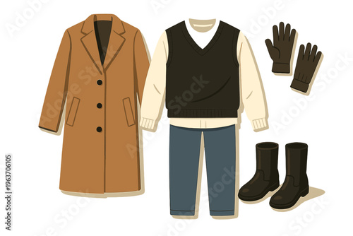 Flat lay of a stylish layered outfit for autumn or winter fashion