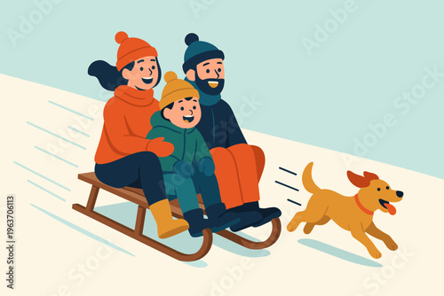 Joyful family and dog enjoying a sledding adventure down a snowy hill