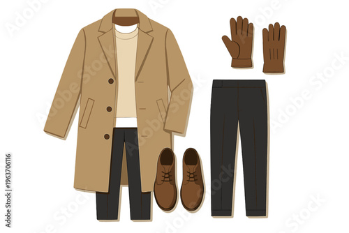 Minimalist layered outfit with beige coat, sweater, trousers, and brown accessories