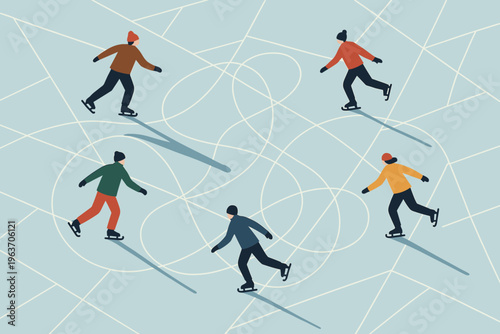 Diverse group of people enjoying ice skating on a frozen rink with abstract patterns