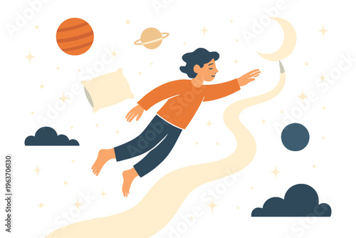 Child dreams of reaching the moon while floating through a starry night sky