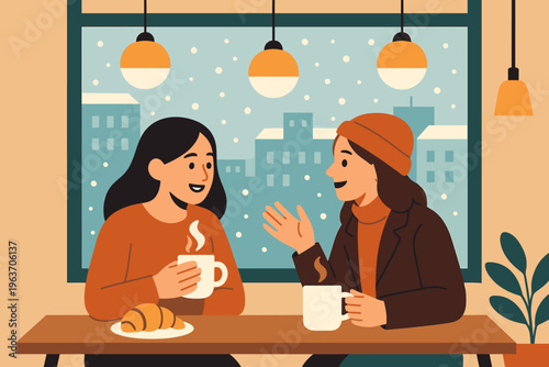 Two friends enjoying coffee and conversation inside a cozy cafe during winter snowfall