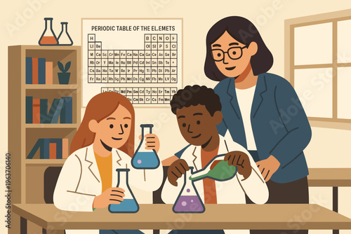 Students conduct a chemistry experiment with their teacher in a classroom setting