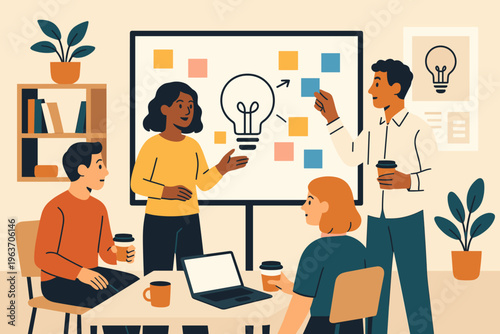 Diverse team collaborating on a new idea during a brainstorming session