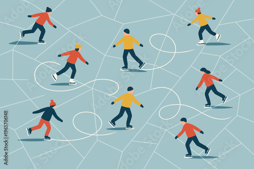 Colorful geometric patterns of ice skaters creating dynamic motion