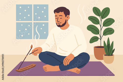 Man meditating indoors with incense and plants during winter snowfall