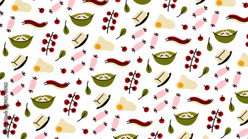 Seamless breakfast pattern in retro cartoon style. Hand-drawn elements- eggs, bacon, sausages, bread, cheese, beans, oatmeal, butter, jam, honey and kitchen details. Playful funky doodle style