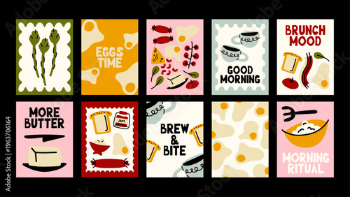 Breakfast poster set in retro cartoon style. Compositions with eggs, bacon, sausages, bread, cheese, beans and oatmeal. Bright playful doodle illustration for kitchen decor and cafés