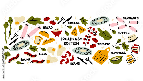 Breakfast stickers set in retro cartoon style. Hand-drawn elements- eggs, bacon, sausages, bread, cheese, beans, oatmeal, butter, jam, honey, vegetables and utensils. Bright funky doodle illustration
