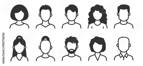 set of ten diverse faceless user avatar icons in black and white vector illustration on transparent background