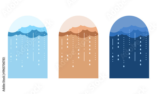 時間帯のシンボルのアイコンセット/昼・夕方・夜/シンプルでフラットな空のイラスト/雨の日