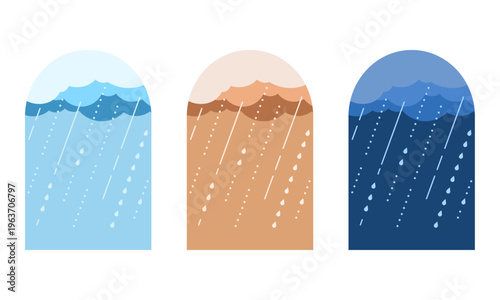 時間帯のシンボルのアイコンセット/昼・夕方・夜/シンプルでフラットな空のイラスト/雨の日・大雨