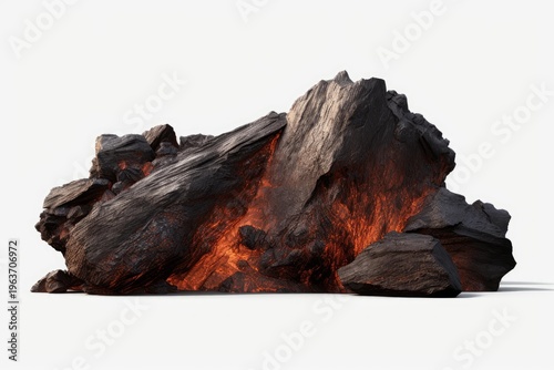 Coal rock glowing intensely with hot embers indicating heat and energy on a white background