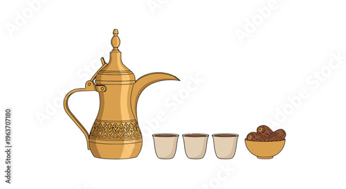 Traditional Arabic coffee set with cups and dates on a table indoors