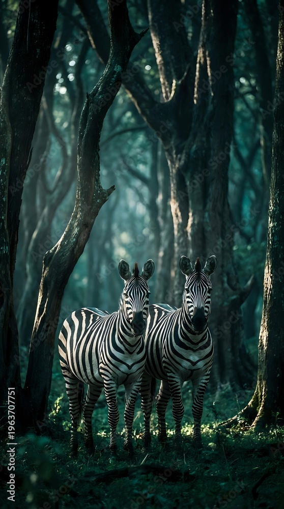 Fototapeta premium Two zebras standing together in mystical forest with dramatic lighting and twisted tree branches creating enchanting wildlife scene.