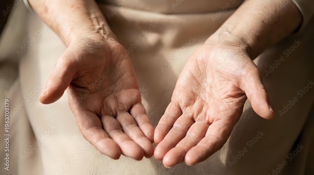 Fototapeta premium Open cupped hands of elderly person in warm lighting showing wrinkled skin and gentle gesture of giving or receiving help in caring supportive moment.