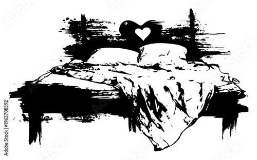 Artistic ink splatter vector drawing of a cozy messy bed with a heart symbol on the headboard