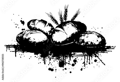 Fresh baked bread loaves with wheat ears in artistic black ink splash and splatter style