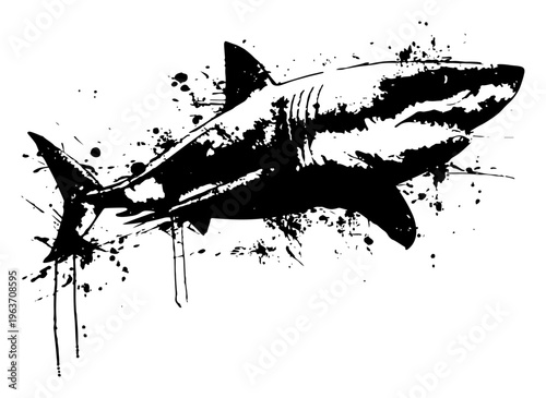 Powerful great white shark swimming in a dynamic black ink splatter and grunge style