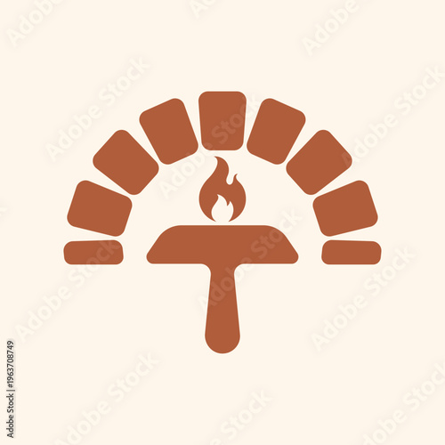 Artisan Wood-Fired Brick Oven Logo: Traditional Stone Arch Pizza Hearth and Fire Peel Emblem for Restaurant and Bakery